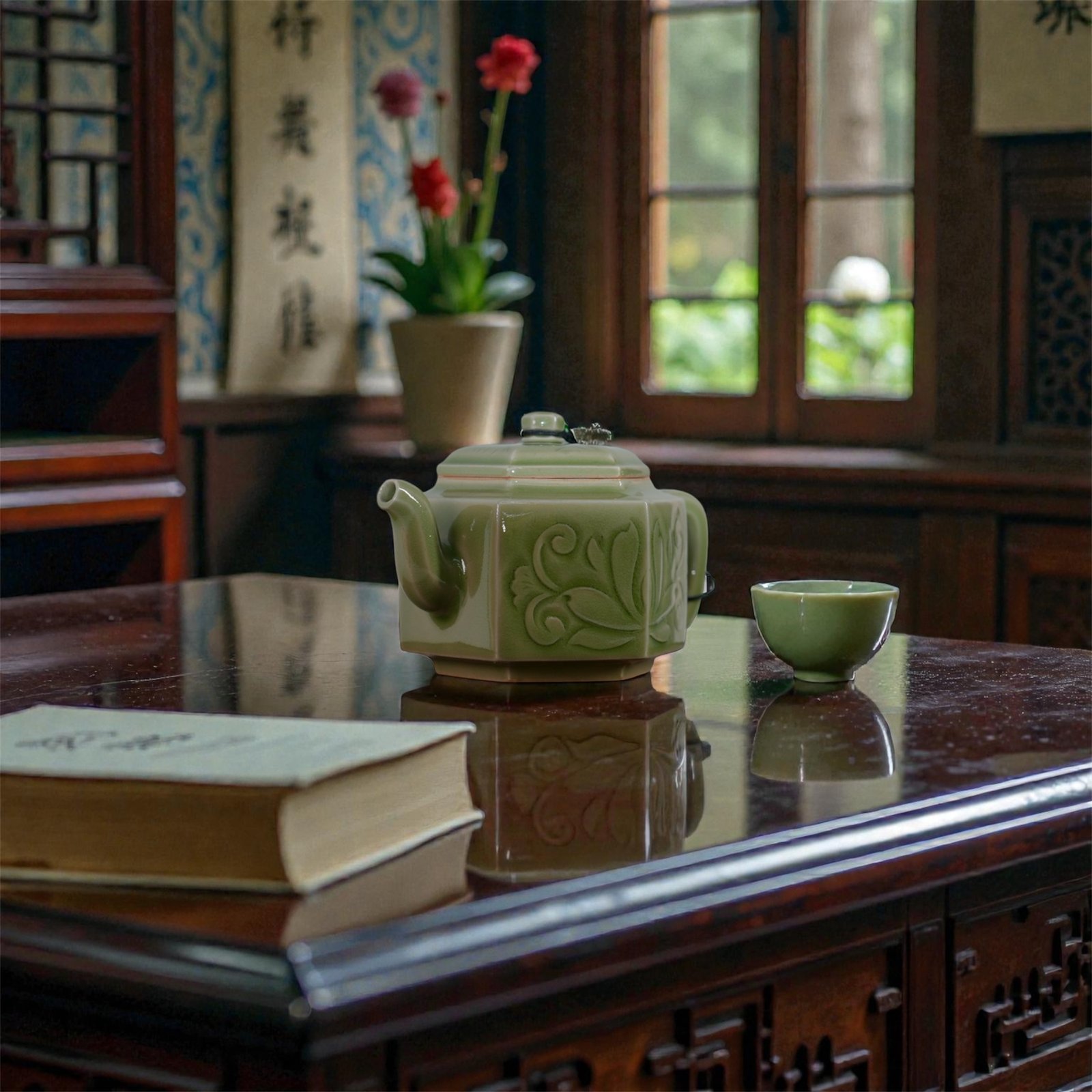 微信图片_20260224172650_83_9 Yaozhou Celadon Carved Hexagonal Teapot - Image 1